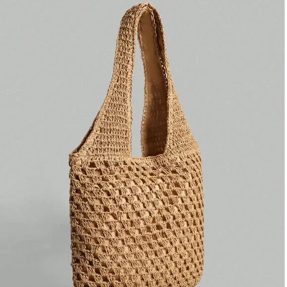 Hollow Straw Wovan Shoulder Bag Large Brown - Picture 3 of 5